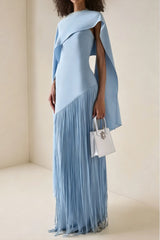 Cayetana Sapphire Blue Fringe Maxi Dress with Cape Effect