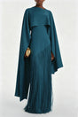 Cayetana Teal Fringe Maxi Dress with Cape Effect