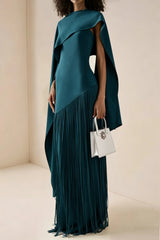 Cayetana Teal Fringe Maxi Dress with Cape Effect
