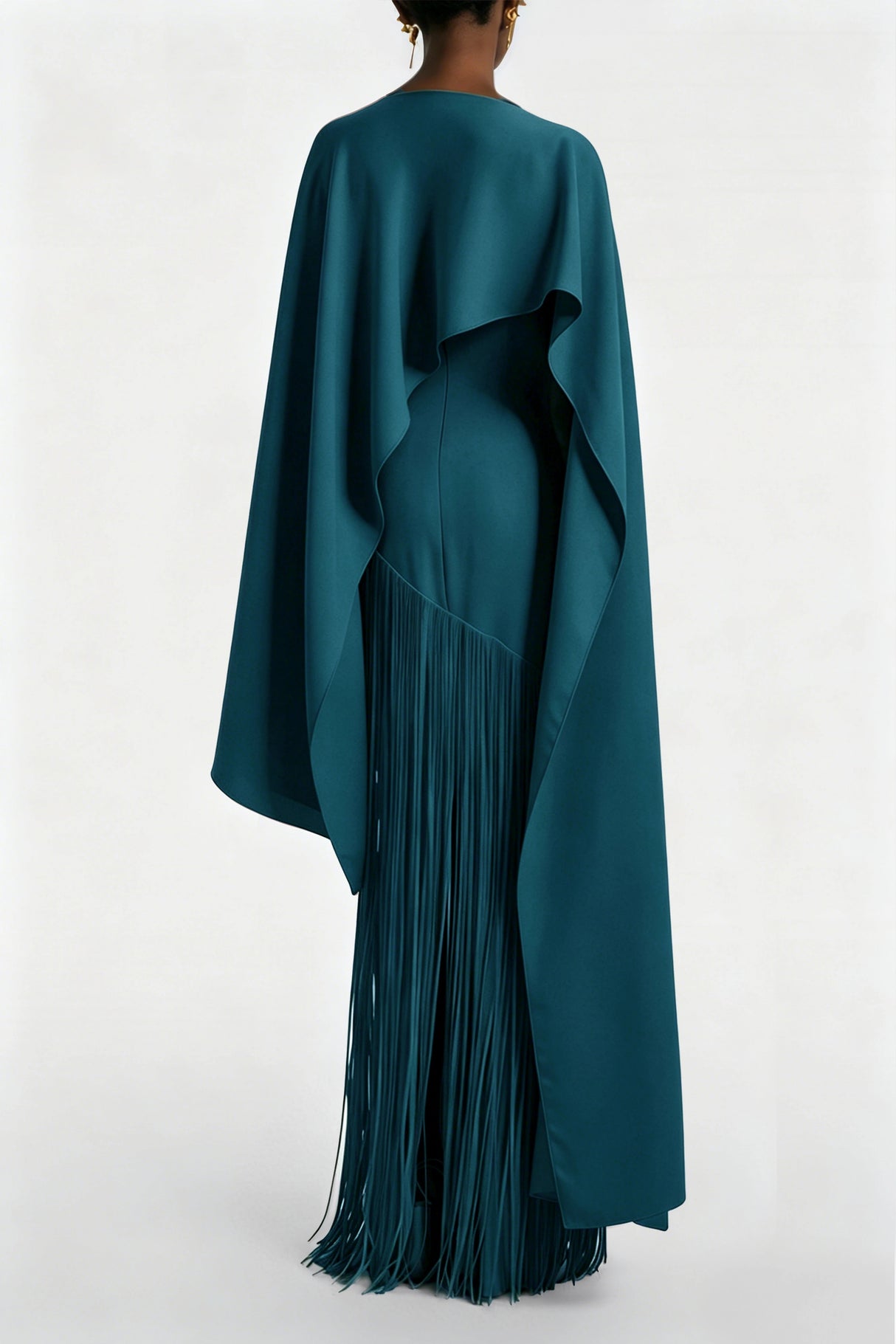 Cayetana Teal Fringe Maxi Dress with Cape Effect