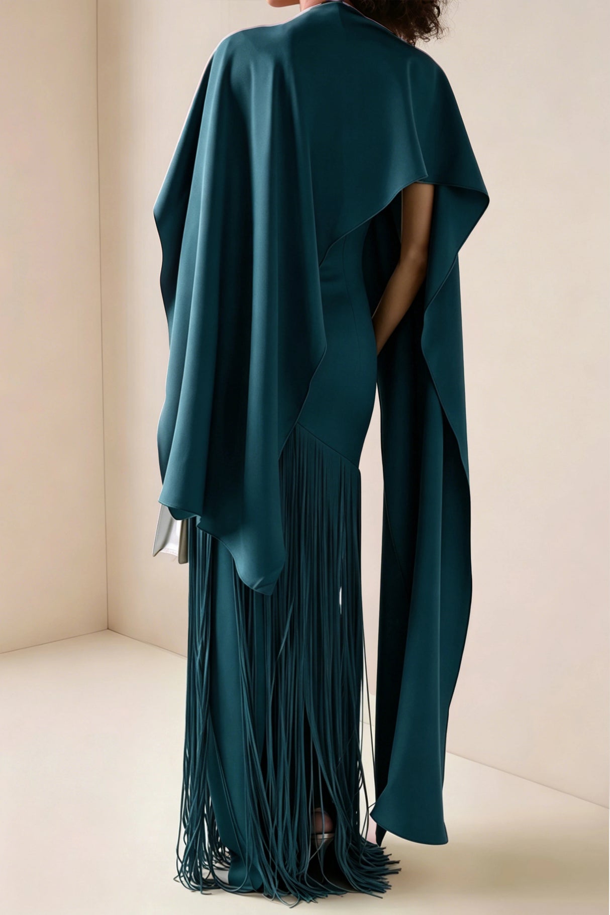 Cayetana Teal Fringe Maxi Dress with Cape Effect