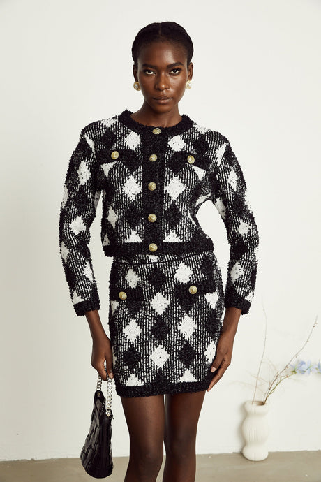 Cécile black argylecheck knit jacket  skirt matching set
