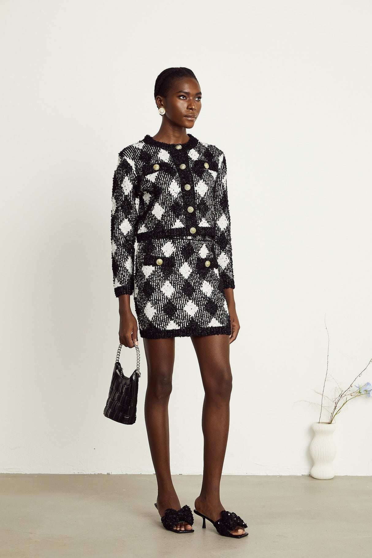 Cécile black argylecheck knit jacket  skirt matching set