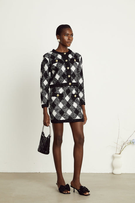 Cécile black argylecheck knit jacket  skirt matching set