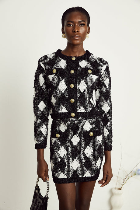 Cécile black argylecheck knit jacket  skirt matching set