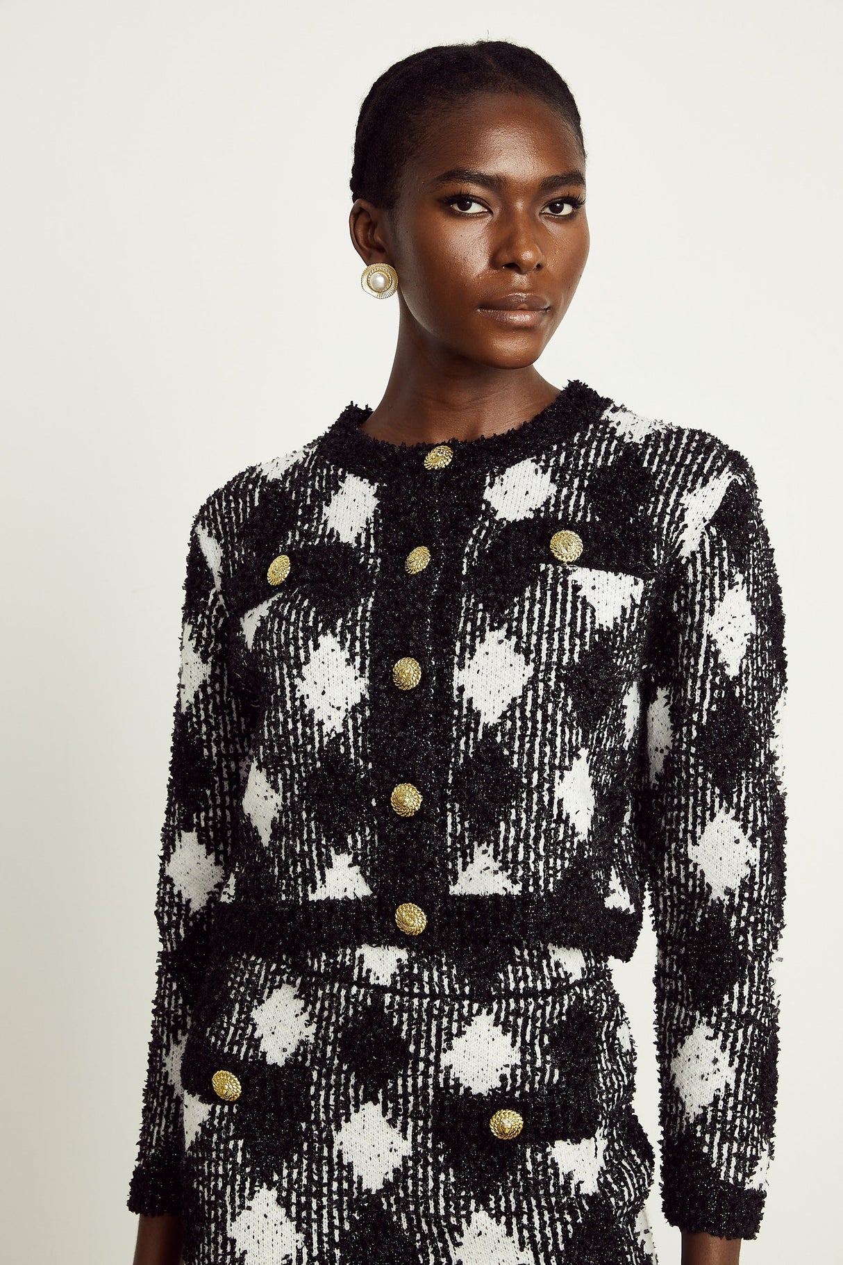 Cécile black argylecheck knit jacket  skirt matching set