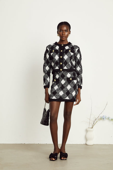 Cécile black argylecheck knit jacket  skirt matching set