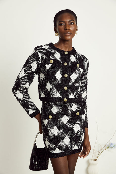 Cécile black argylecheck knit jacket  skirt matching set