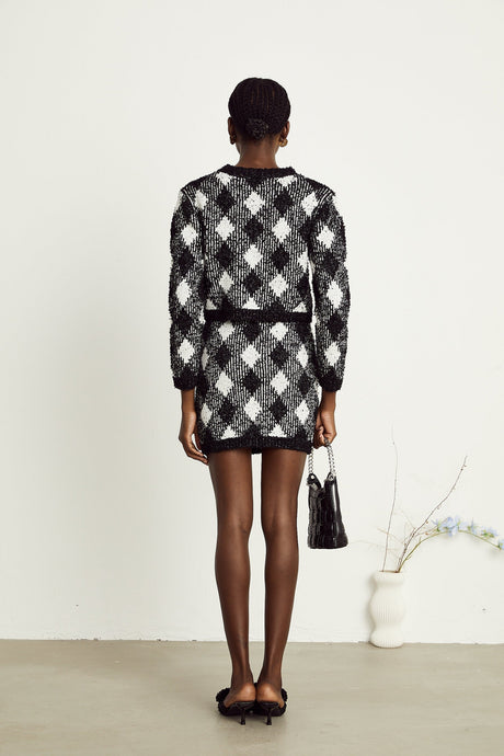 Cécile black argylecheck knit jacket  skirt matching set