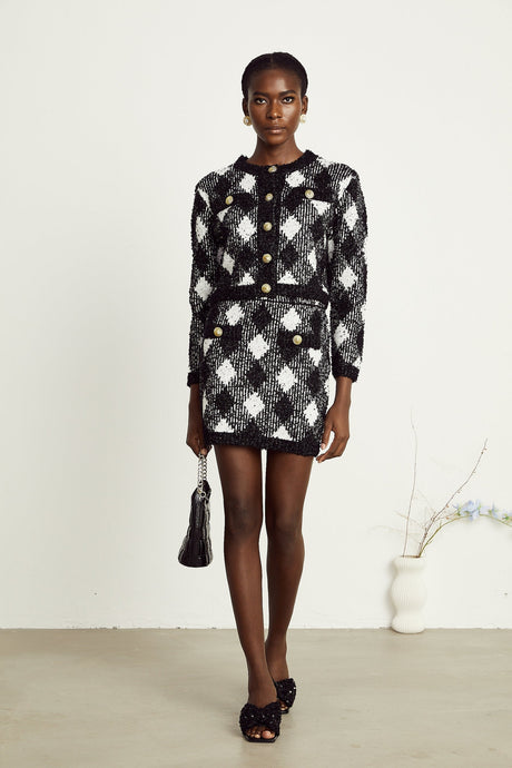 Cécile black argylecheck knit jacket  skirt matching set