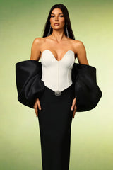 Cecilia Black Off-Shoulder Heart Neckline Fitted Gown with Oversized Sleeves