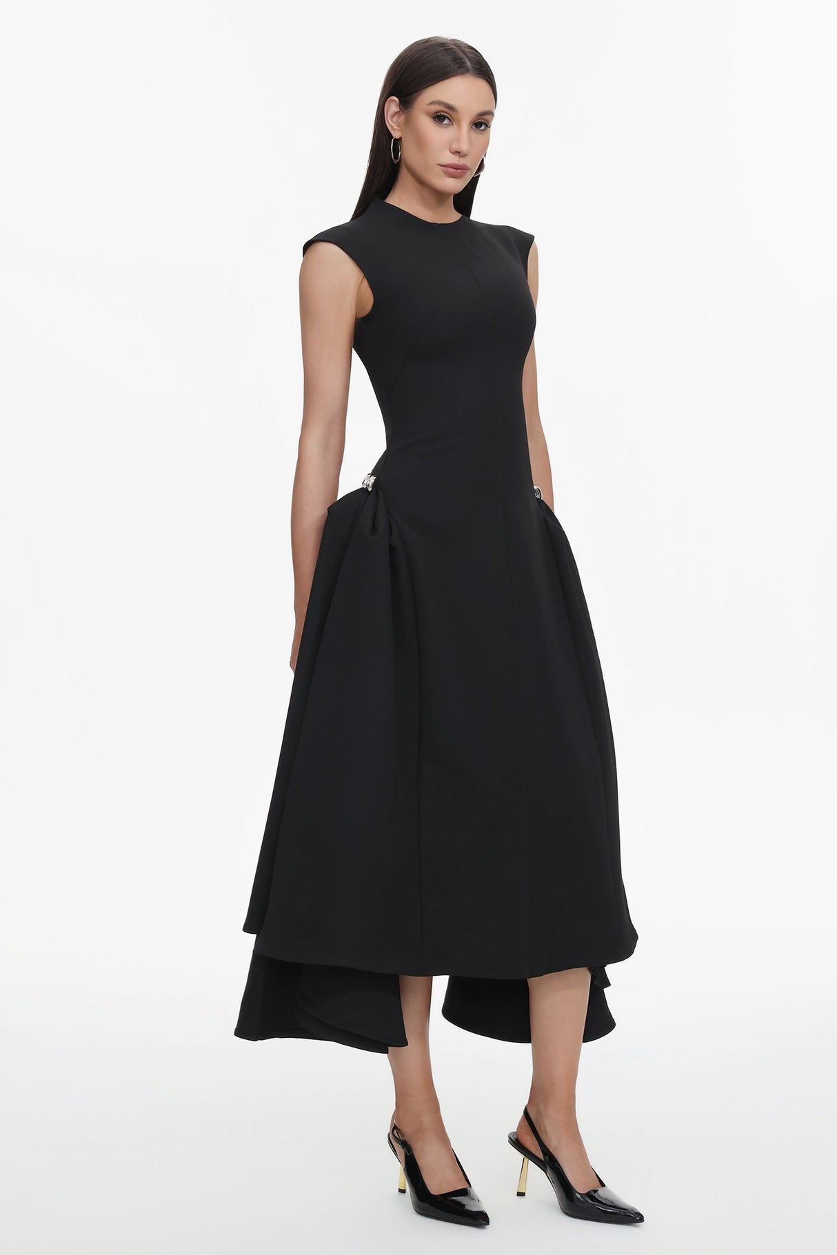 Cecilia Black Sleeveless Maxi Dress with Elegant Silhouette and Innovative Side Detailing