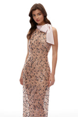Cecilia Champagne Tie Neck Rhinestone Maxi Dress