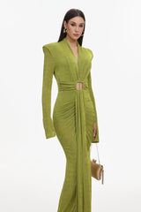 Cecilia Green Maxi Dress V-Neck Long Sleeve Ruched Fabric Keyhole Cutout Waist Elegant Chic Formal Evening Outings