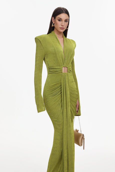Cecilia Green Maxi Dress V-Neck Long Sleeve Ruched Fabric Keyhole Cutout Waist Elegant Chic Formal Evening Outings