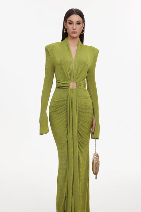 Cecilia Green Maxi Dress V-Neckline Long Sleeves Ruched Fabric Keyhole Cutout Waist Elegant Stylish