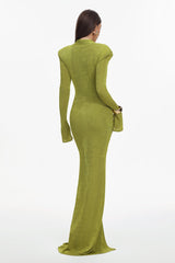 Cecilia Green Maxi Dress V-Neckline Long Sleeves Ruched Fabric Keyhole Cutout Waist Elegant Stylish Formal Evening Outings