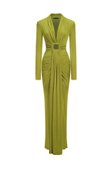 Cecilia Green Maxi Dress with V-Neckline and Ruched Fabric Detailing