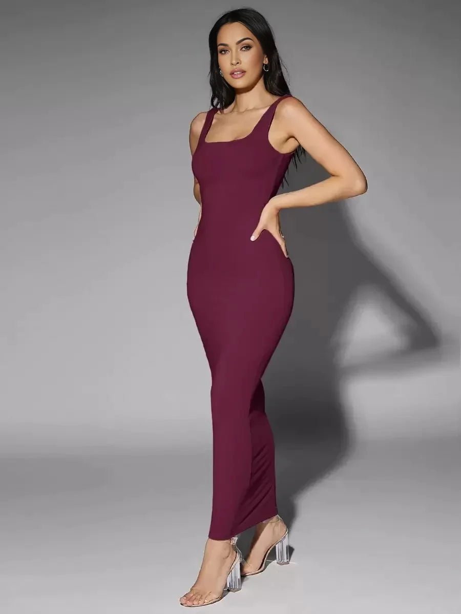 Cecilia Maxi Dress - Square Neckline - Shaped Pencil Hem - Backless Detail - Elegant Style