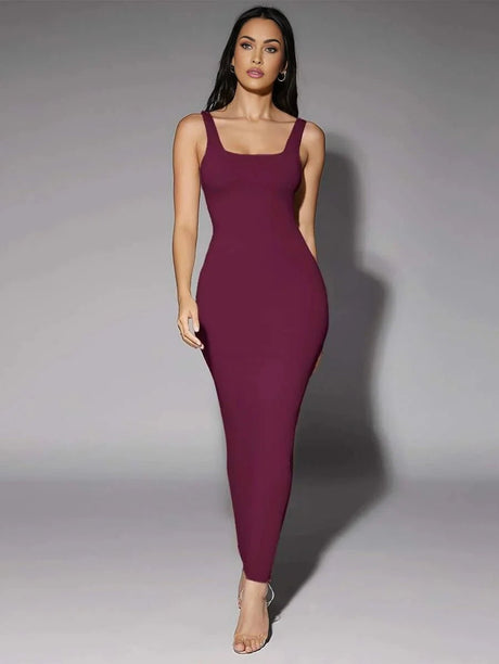 Cecilia Maxi Dress - Square Neckline - Shaped Pencil Hem - Backless Detail - Elegant Style
