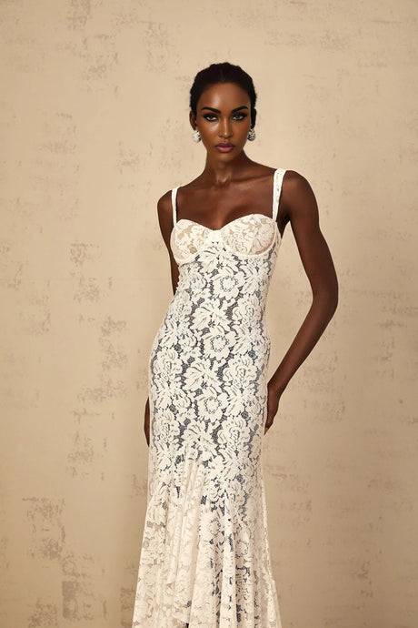 Cecilia Maxi Dress White Lace Bustier Floral Ruffles Floor - Length & Sheer
