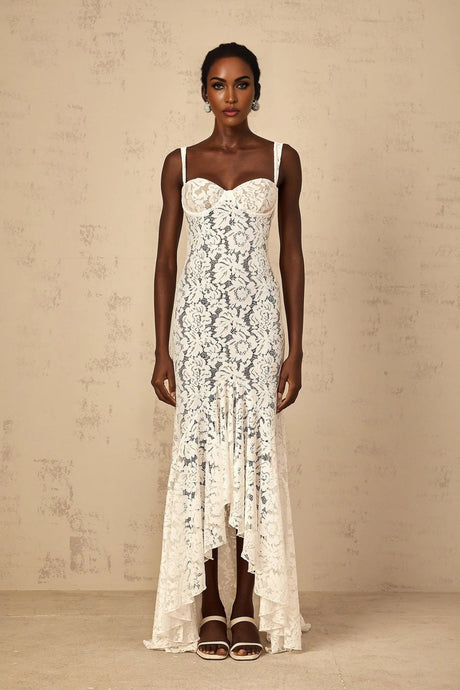 Cecilia Maxi Dress White Lace Bustier Floral Ruffles Floor - Length & Sheer