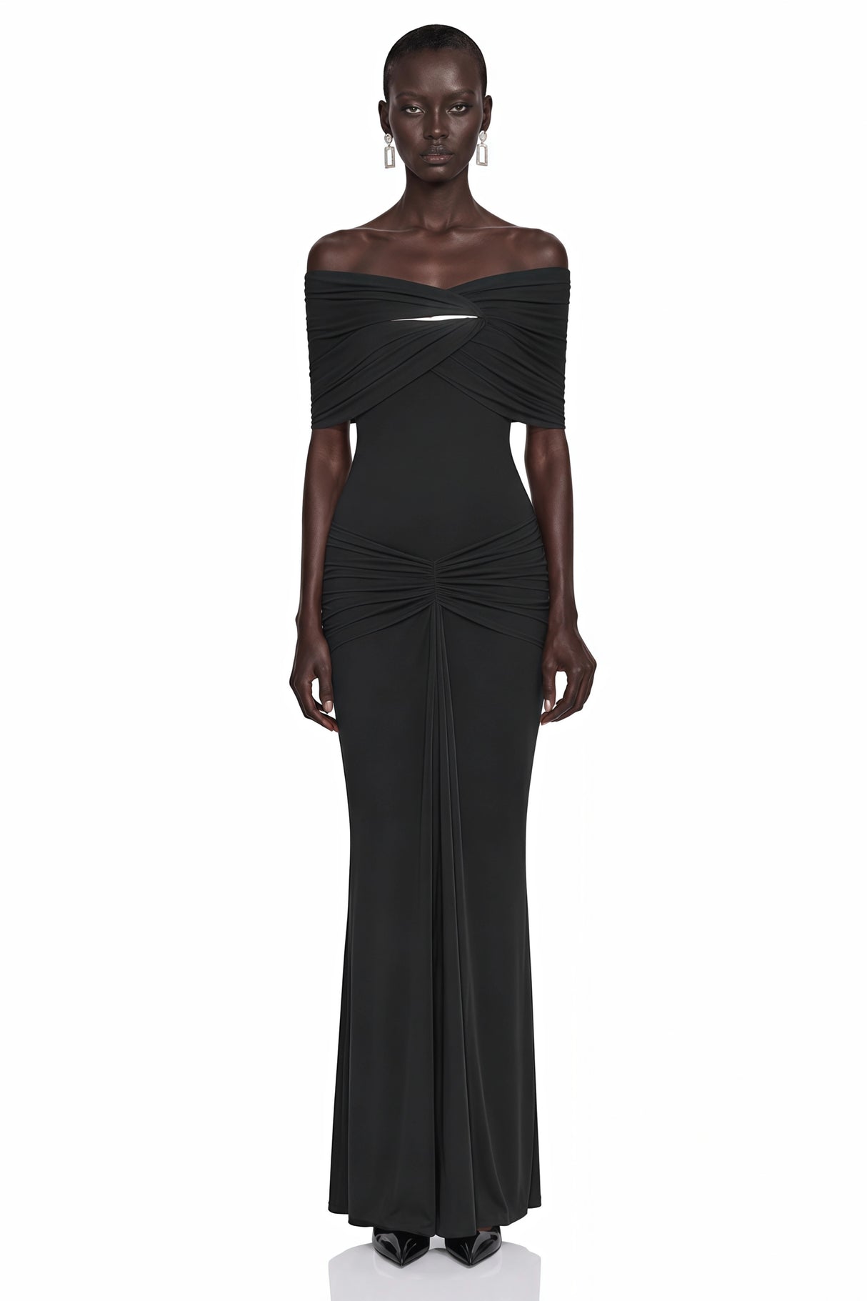 Celeste Black Off Shoulder Pleated Maxi Dress