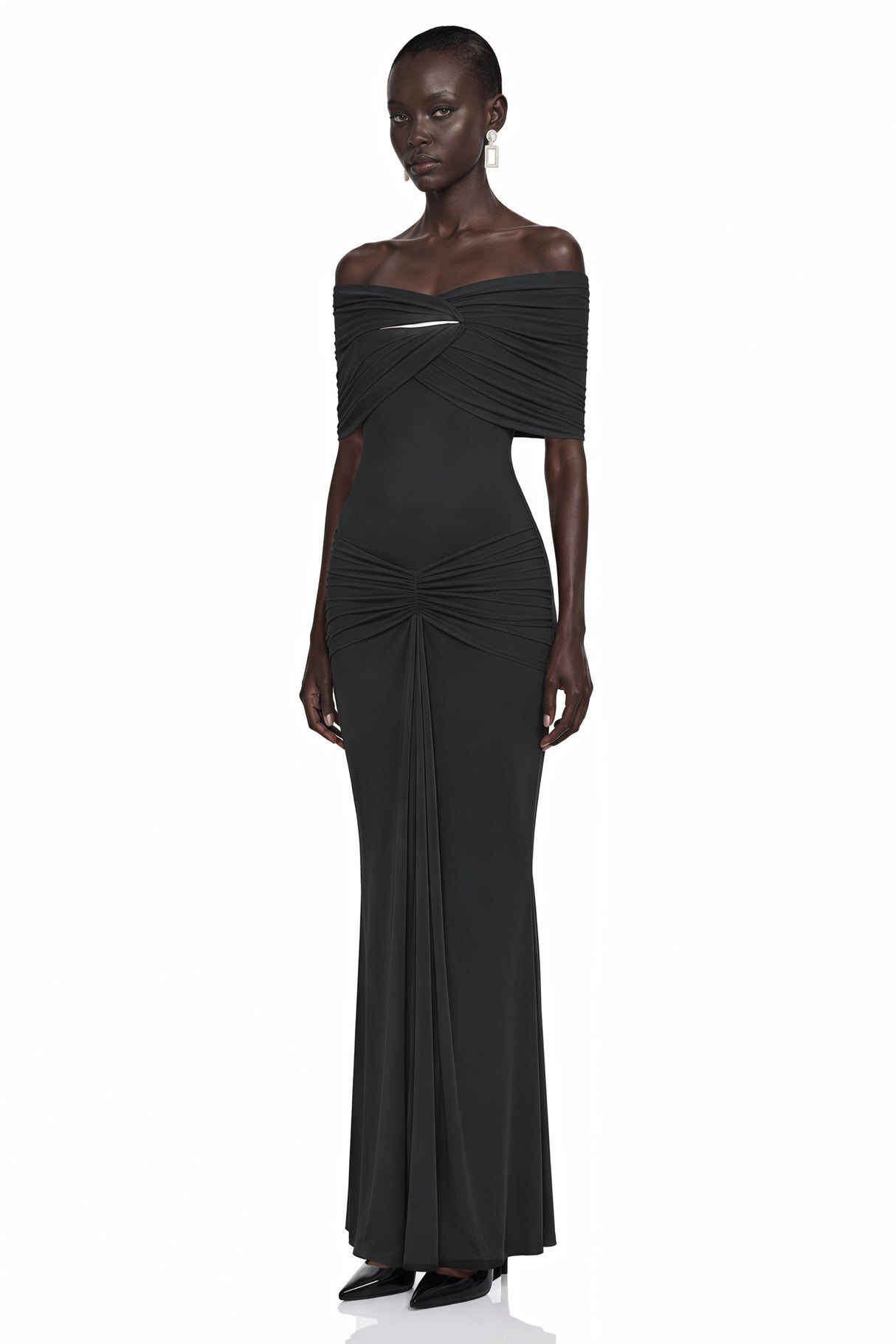 Celeste Black Off Shoulder Pleated Maxi Dress