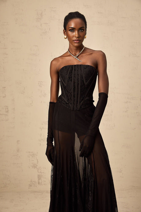 Celeste Corset & Skirt Set – Floral Lace – Semi - Sheer Tulle – Boned Fit