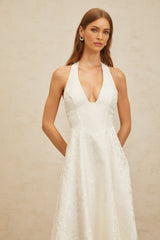 Celeste Midi Dress - Halterneck - Open Back - Fitted Waistline - Floral Jacquard - Self - Tie Design