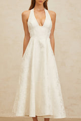 Celeste Midi Dress - Halterneck - Open Back - Fitted Waistline - Floral Jacquard - Self - Tie Design