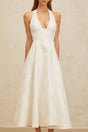 Celeste Midi Dress - Halterneck - Open Back - Fitted Waistline - Floral Jacquard - Self - Tie Design