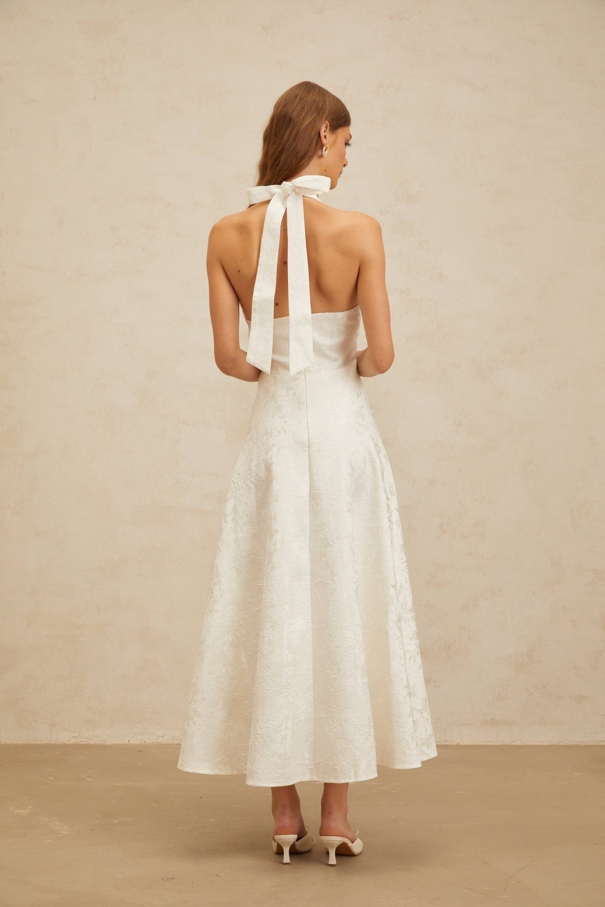 Celeste Midi Dress - Halterneck - Open Back - Fitted Waistline - Floral Jacquard - Self - Tie Design