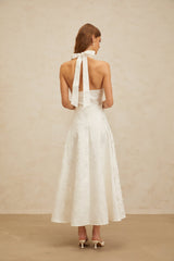 Celeste Midi Dress - Halterneck - Open Back - Fitted Waistline - Floral Jacquard - Self - Tie Design