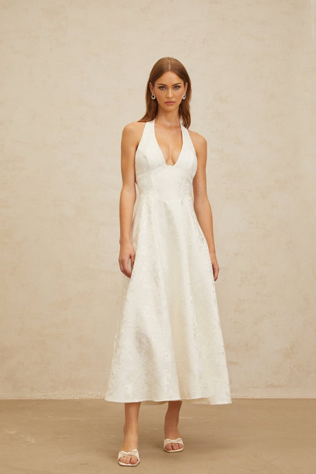 Celeste Midi Dress - Halterneck - Open Back - Fitted Waistline - Floral Jacquard - Self - Tie Design