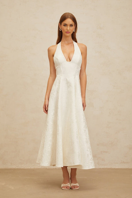 Celeste Midi Dress - Halterneck - Open Back - Fitted Waistline - Floral Jacquard - Self - Tie Design