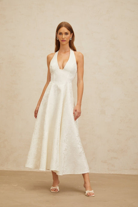 Celeste Midi Dress - Halterneck - Open Back - Fitted Waistline - Floral Jacquard - Self - Tie Design