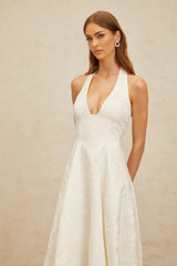 Celeste Midi Dress - Halterneck - Open Back - Fitted Waistline - Floral Jacquard - Self - Tie Design
