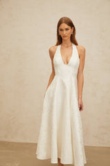 Celeste Midi Dress - Halterneck - Open Back - Fitted Waistline - Floral Jacquard - Self - Tie Design