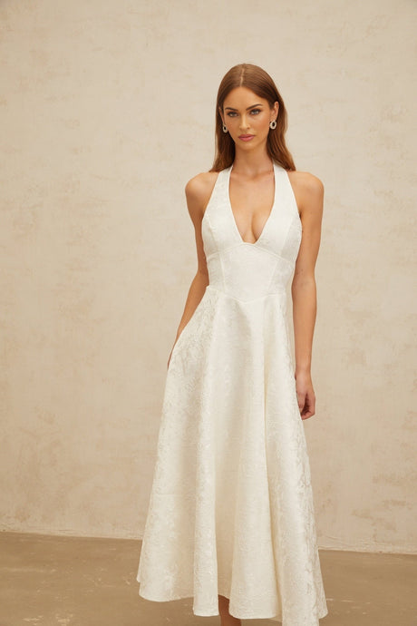 Celeste Midi Dress - Halterneck - Open Back - Fitted Waistline - Floral Jacquard - Self - Tie Design