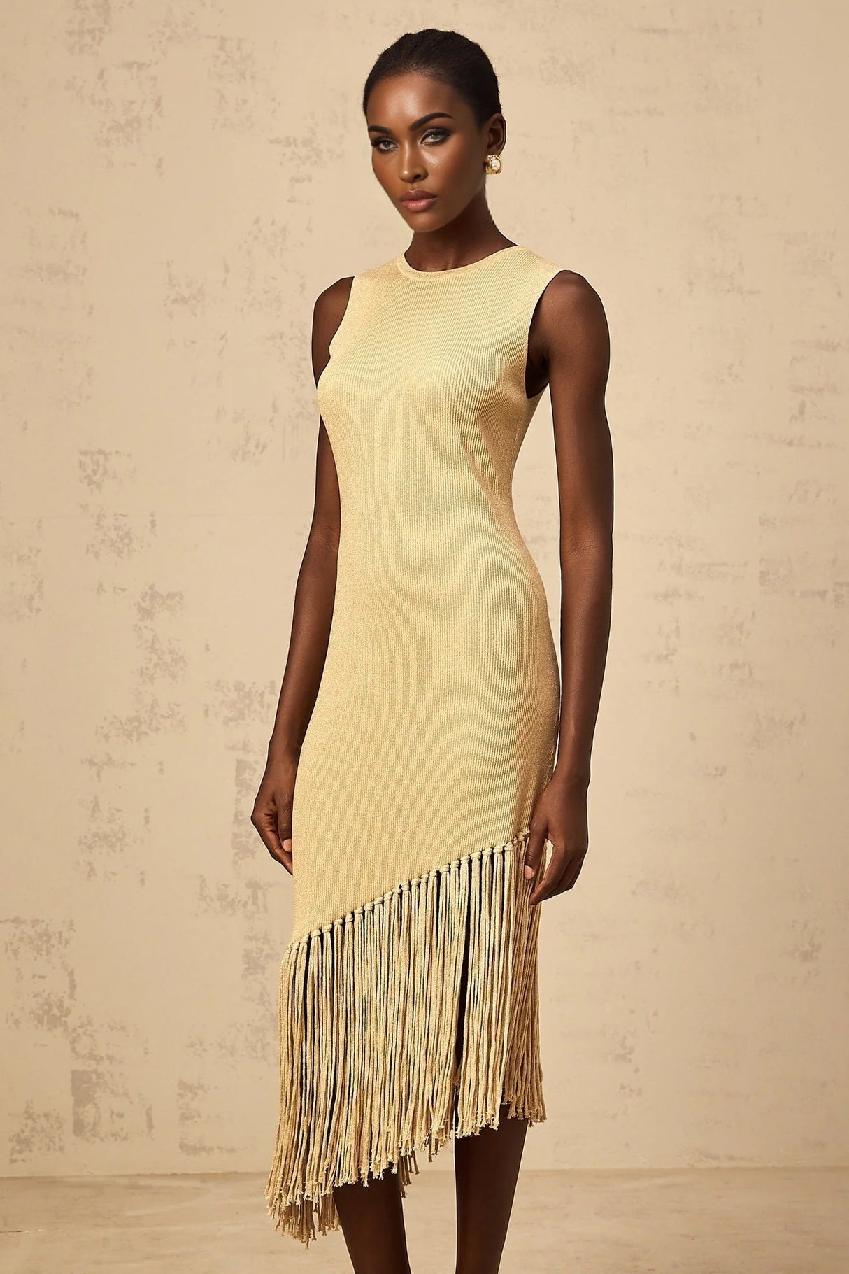 Celeste Midi Dress Neutrals Fringe Macram & Metallic Trim