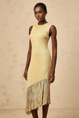 Celeste Midi Dress Neutrals Fringe Macram & Metallic Trim