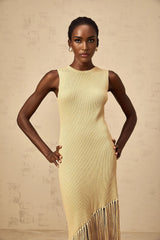 Celeste Midi Dress Neutrals Fringe Macram & Metallic Trim