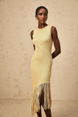 Celeste Midi Dress Neutrals Fringe Macram & Metallic Trim