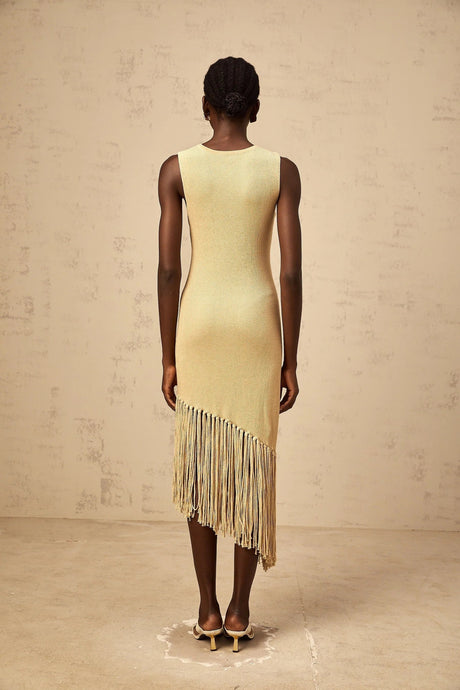 Celeste Midi Dress Neutrals Fringe Macram & Metallic Trim