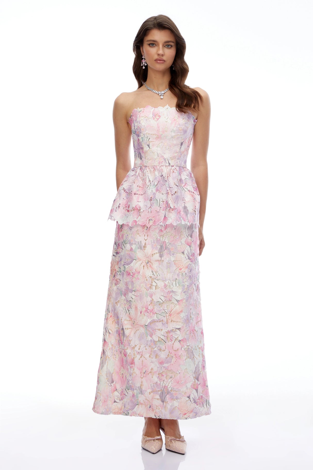 Céleste Pink Floral Strapless Peplum Maxi Dress