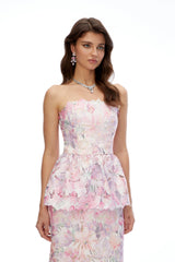 Céleste Pink Floral Strapless Peplum Maxi Dress