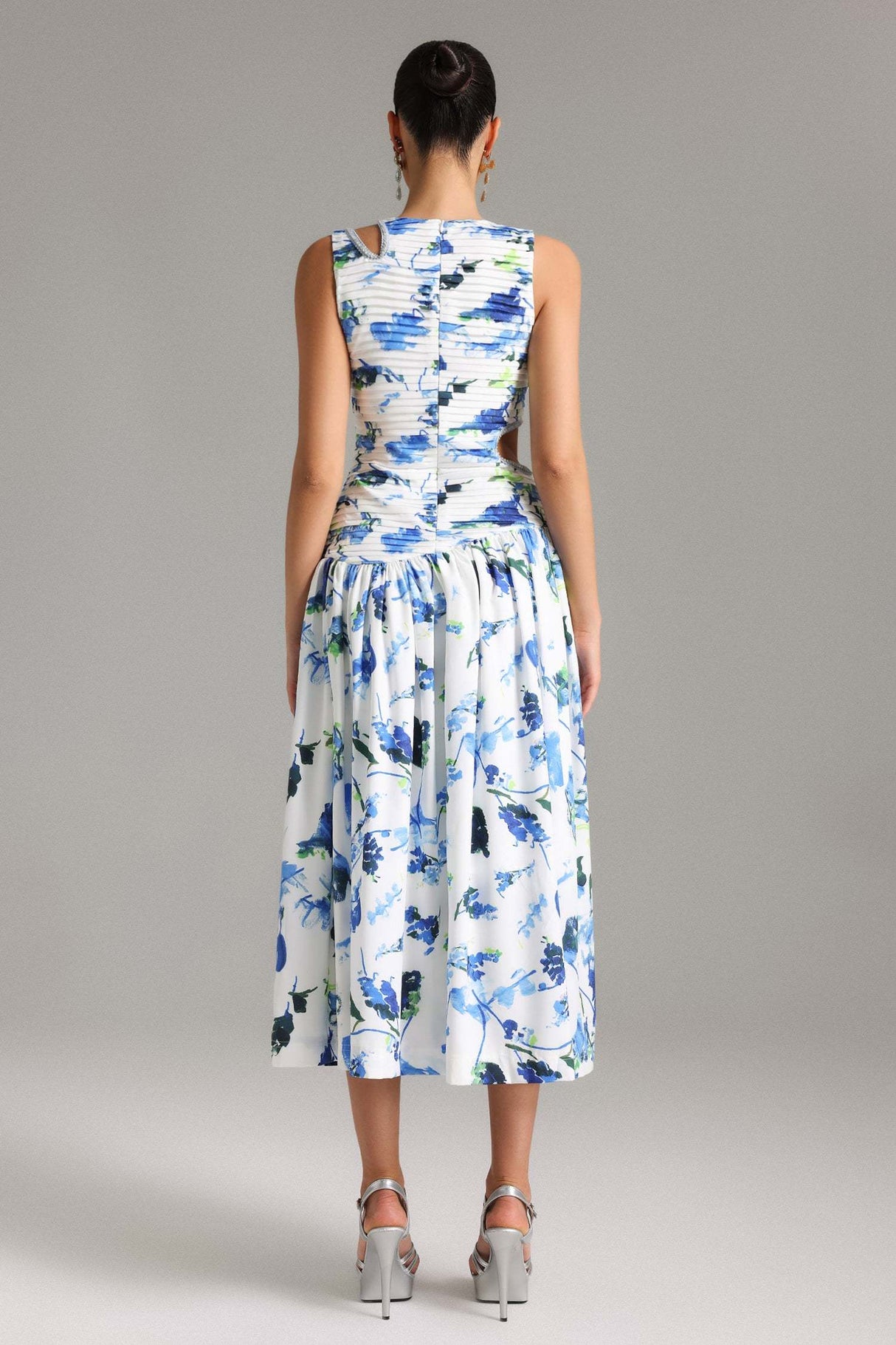 Celeste White Floral Dress Ruched Bodice Shoulder Cut-Outs Elegant