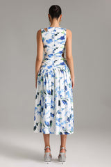Celeste White Floral Dress Ruched Bodice Shoulder Cut-Outs Elegant