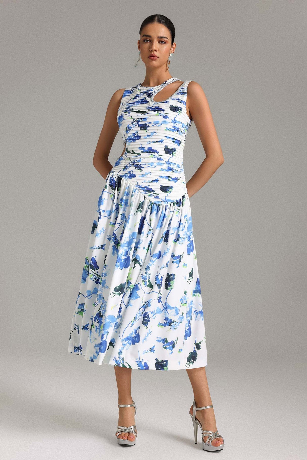 Celeste White Floral Print Dress with Cut-Out Detailing Ruched Bodice and Flowing Fabric for Special Occasions